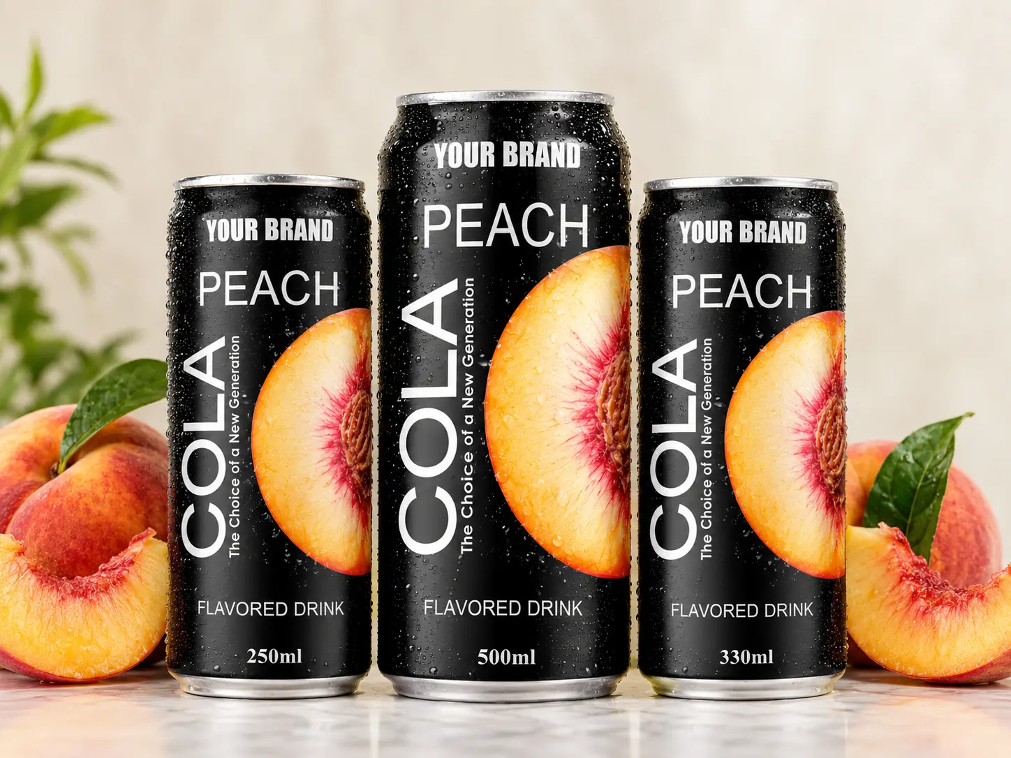 COLA DRINK Peach flavour in 250ml, 500ml, and 330ml cans.